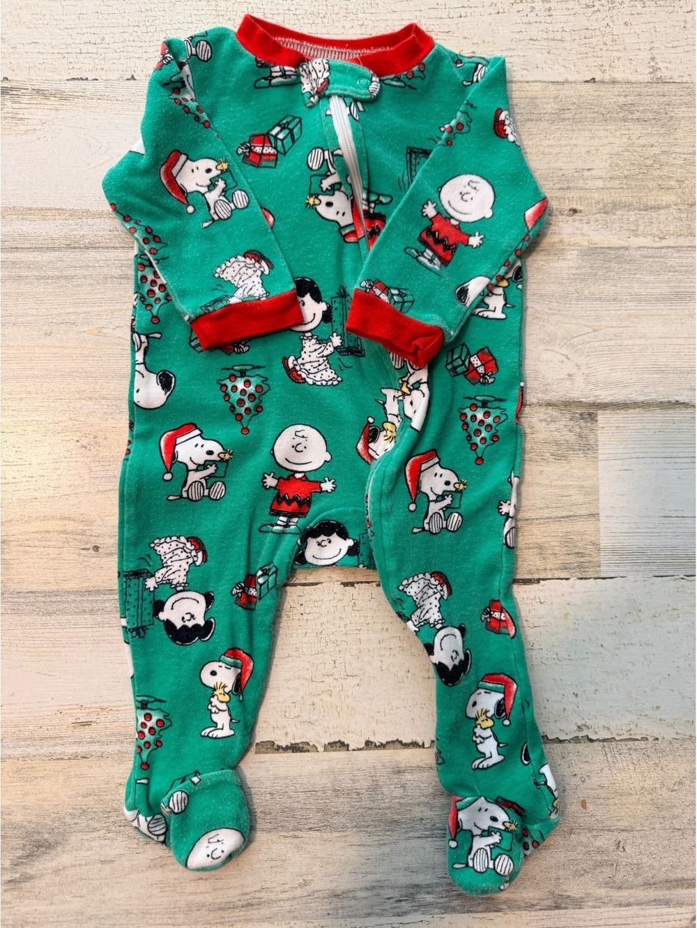 Peanuts Baby 3-6M Christmas Footed Pajamas Green Holiday Print